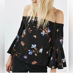 Topshop Ella Bardot Off the Shoulder Floral Top Black size 4 Small